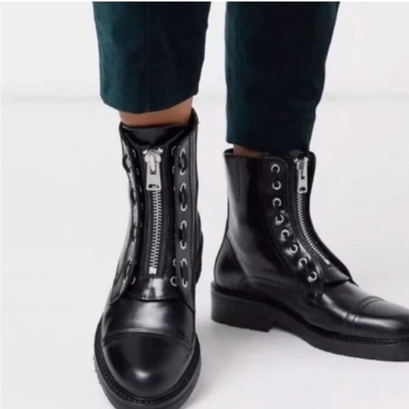 All Saints AllSaints Ariel Alaria Leather Zipper Biker Combat Boots Size 6 US - Picture 1 of 16